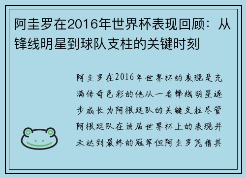 阿圭罗在2016年世界杯表现回顾：从锋线明星到球队支柱的关键时刻